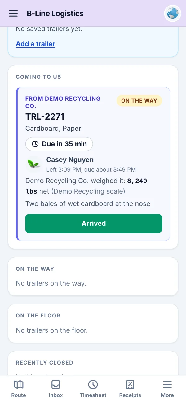 A partner facility's phone: a trailer coming to them from Demo Recycling Co., due in 35 minutes, with the driver, the sender's net weight and a note