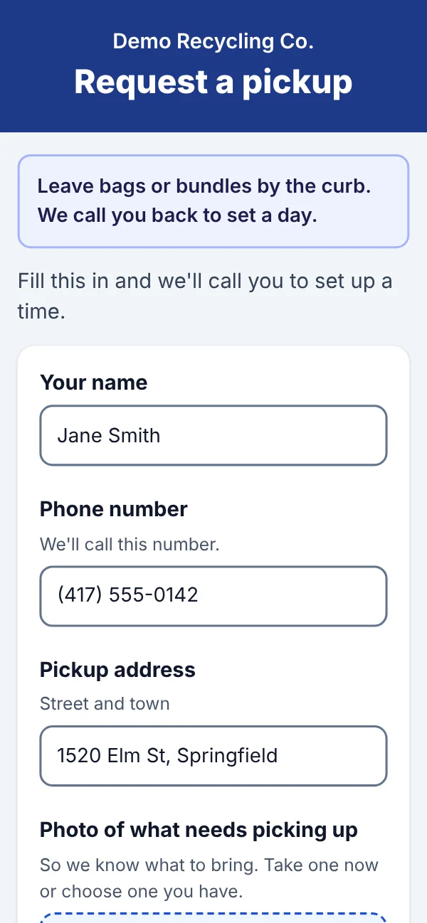 The public request form on a phone: the facility's own message, then name, phone number, pickup address and a photo
