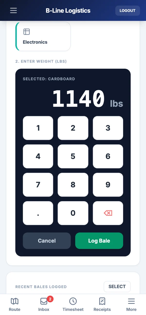 The Bale Logger on a phone: Cardboard selected and 1,140 pounds entered on a large keypad