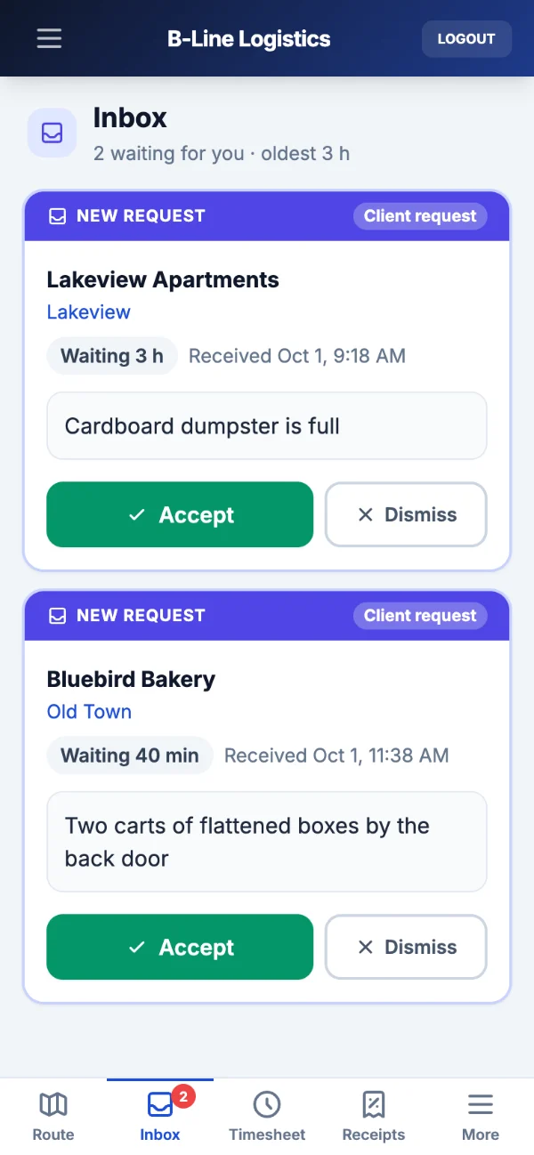 The Inbox on a phone with two new requests, each showing how long it has waited and Accept or Dismiss buttons