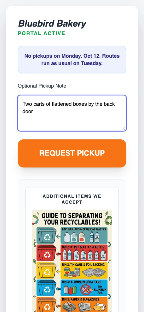 The request form a business sees after scanning: its name, a notice from you, a note box and a Request Pickup button