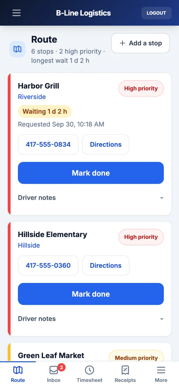 The Route screen on a phone: stops sorted by priority, each with call, directions and a Mark done button
